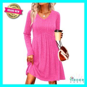 Long Sleeve Sweater Dress V Neck Empire Waist Babydoll Casual with Pockets